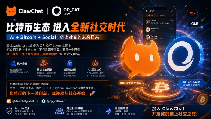The image is a promotional banner for ClawChat and OP_CAT Layer, showcasing a 3D orange mascot cat logo alongside a smartphone displaying a chat interface, with Chinese text highlighting features like "AI + Bitcoin + Social" and "BTC原生社交协议" (BTC-native social protocol). The banner visually reinforces the post's message by depicting the first BTC-native on-chain social protocol merging AI, Bitcoin, and social interaction, with calls-to-action like "GM!" and "加入ClawChat 开启你的链上社交之旅!" (Join ClawChat and start your on-chain social journey).