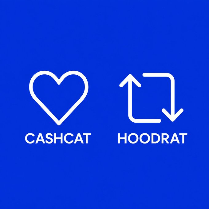 A blue graphic displays two white icons side by side: a heart outline labeled "CASHCAT" and a square-shaped loop of arrows labeled "HOODRAT," representing the "Choose your side" prompt between the $CASHCAT and $HOODRAT tickers.