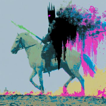 The image features a man riding a white horse with a green saddle, wearing a black outfit that includes a hat and a cape. The background of the image has pink and blue colors, which are reminiscent of a painting or an abstract art piece. There is also text in the image that reads "Snagged another. Adam check out 4 horsemen." This could be interpreted as a reference to the man riding the horse being referred to as a "four-faced" character from a story or movie.