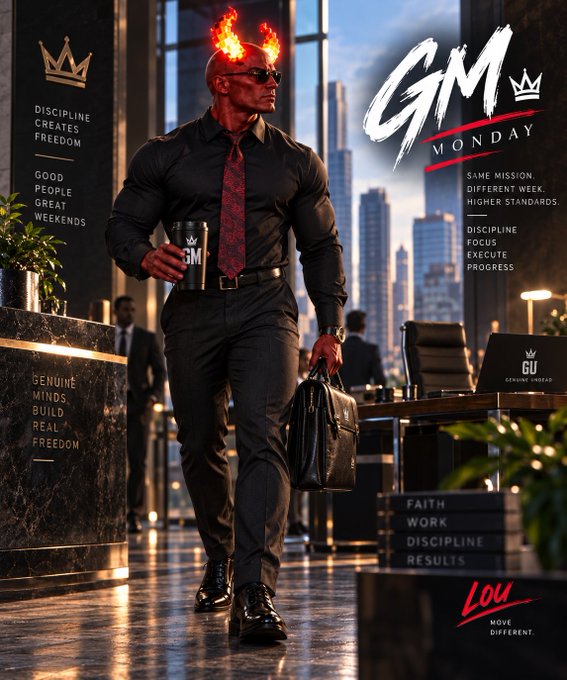 A 'Grindset Monday' (GM) motivational poster featuring a muscular red-skinned demon-headed man in a shirt and tie holding a briefcase and a GM mug, surrounded by slogans like 'DISCIPLINE CREATES FREEDOM' and 'FAITH WORK DISCIPLINE RESULTS.'