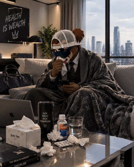 A person bundled in a gray Louis Vuitton blanket and wearing a beanie and face covering sits on a couch, holding a phone, with a table displaying tissues, pills, a 'SACK TODAY, RICH TOMORROW' cup, and medication, alongside a 'HEALTH IS WEALTH' sign.