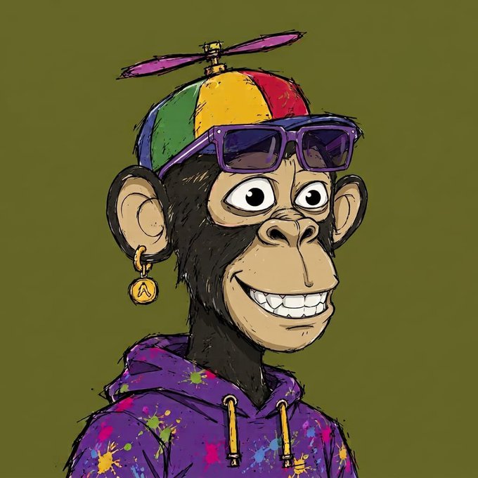 A stylized hand-drawn cartoon ape wearing a propeller beanie hat with colorful stripes, purple sunglasses, a gold earring bearing an "A" symbol, and a paint-splattered purple hoodie—serving as promotional artwork for the "Robinhood Ape Club," a 4,444-piece NFT collection launching on OpenSea via Robinhood.