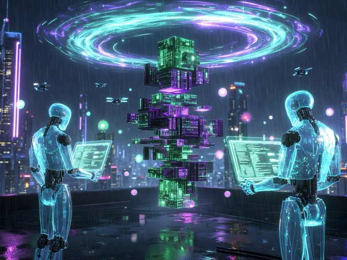 The image features two robots standing next to each other with their arms outstretched towards a large tower of blocks. The tower has a unique design that resembles a tree, with green and purple colors. One robot appears to be holding a computer monitor or laptop in its hands, while the other is looking at it. The scene takes place in an urban setting, possibly a cityscape, which adds context to their actions.