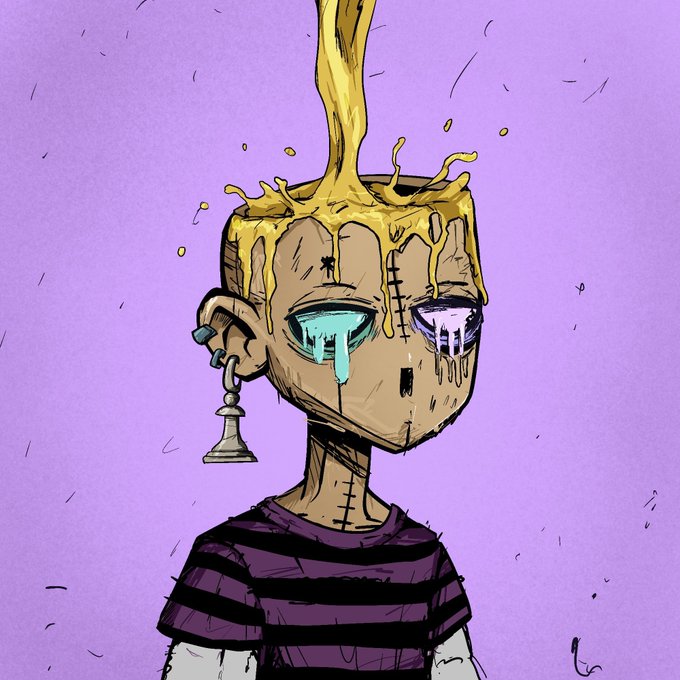An illustrated character with a stitched face, mismatched eyes, and a chess piece earring has yellow liquid pouring onto their head against a purple background.