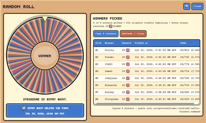 A 'RANDOM ROLL' wheel interface showing a sunflower land raffle with 8 winners picked including Dicots, Freako, JIR23, ZamaZ, rubyjane, Hossainn, Daisy, and Strigidae, each receiving 20 flower tokens.