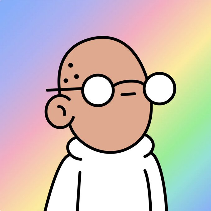 A cartoon-style character from the Doodles NFT collection, featuring the signature bald head with moles and round glasses, set against a pastel rainbow gradient background.