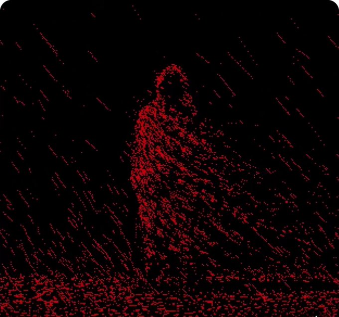 The image features a red figure in the rain, standing alone with its back turned towards the camera. The atmosphere appears to be dark or black, which could indicate stormy weather conditions. However, there are no texts or other discernible information provided about selling Bitcoin for this particular photo.