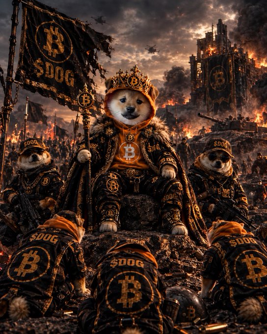 A digital artwork depicting a Shiba Inu dog wearing a crown and black and gold robes adorned with Bitcoin symbols, sitting on a throne surrounded by an army of similarly dressed dogs, with a banner displaying the text '$DOG' and a Bitcoin symbol.