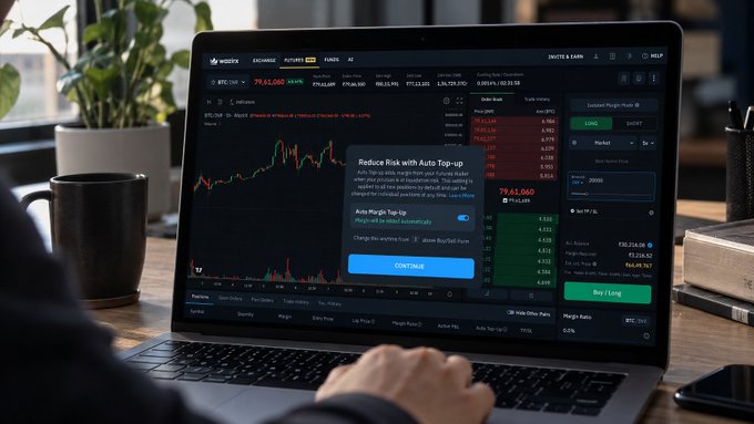A person uses a laptop displaying the Kraken exchange interface, where a pop-up introduces the "Auto Margin Top-Up" feature with a prominent blue CONTINUE button, while a green "Buy / Long" panel on the right shows a BTC/USD price of 79,051.06. The image directly illustrates the post by showing the new Auto Margin Top-Up tool now available for managing positions on Kraken's web platform.