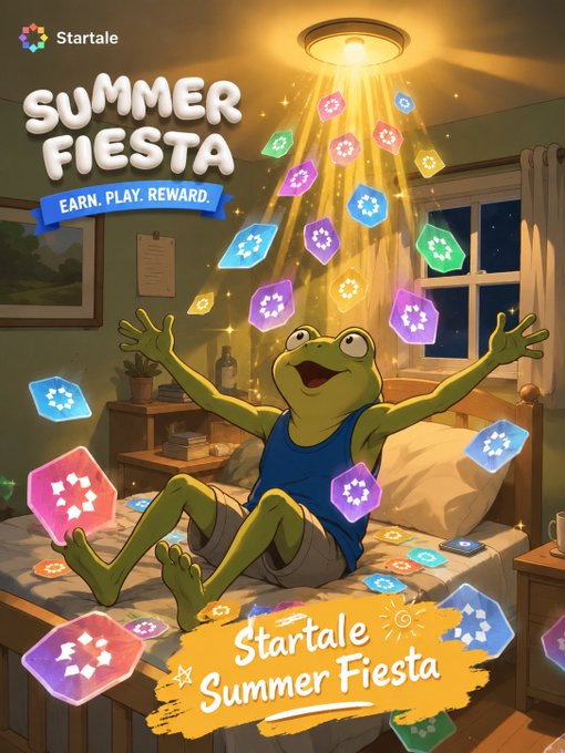 A vibrant cartoon illustration for 'Startale SUMMER FIESTA' showing a joyful frog sitting on a bed surrounded by colorful, glowing hexagonal tokens raining down from a ceiling light.