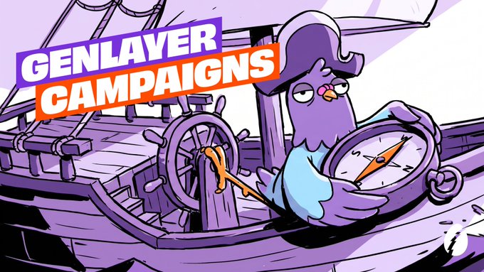 A purple cartoon bird wearing a captain's hat steers a ship with a large compass, accompanying the text "GENLAYER CAMPAIGNS." The illustration visually reinforces the post's mention of "The Compass," GenLayer's founding document, by depicting the navigational theme central to the campaign.