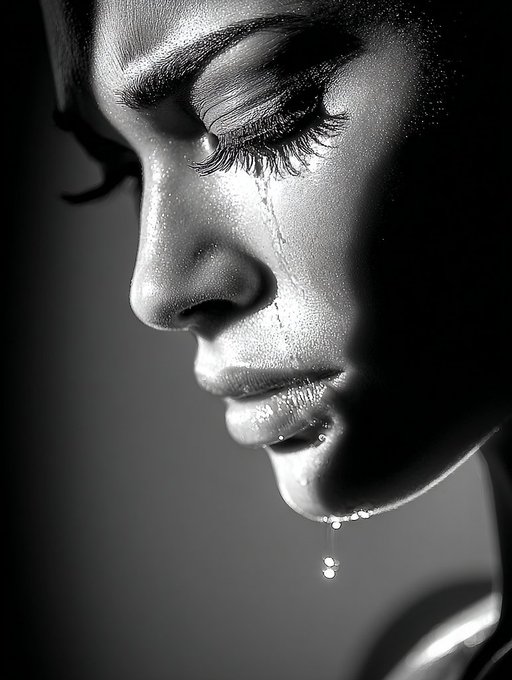 A high-contrast black and white close-up portrait of a woman in profile with her eyes closed, featuring a tear rolling down her cheek with a single droplet suspended in mid-air, emphasizing dramatic lighting and detailed eyelashes.