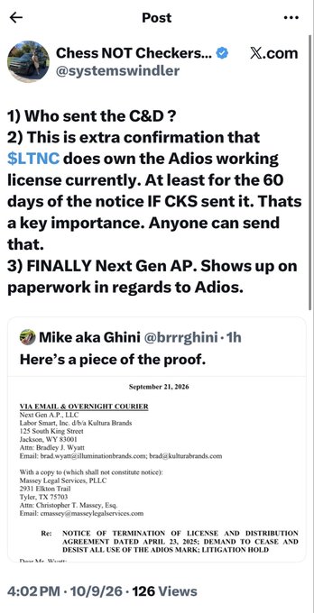 A screenshot of an X.com post by 'Chess NOT Checkers... (@systemswindler)' discussing a Cease and Desist notice, quoting a tweet from 'Mike aka Ghini' showing an email regarding termination of the Adios mark license.