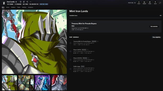 The image shows the "Mint Iron Lords" NFT collection page on Magic Eden, displaying available items including a "Treasury Mint for Presale Buyers" with 1,000 supply and a mint price of 40 $IRON, along with four mint schedule phases starting September 1st at various prices ranging from 0.1 to 0.2 $IRON. This relates to the post about the Iron Allies campaign ending, as it represents the next step in the $IRON token's ecosystem following the user's Top 500 leaderboard achievement and their eligibility for contribution rewards.