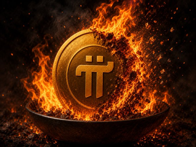A gold Pi Network (π) coin sits in a bowl engulfed in dramatic flames, with embers and sparks bursting upward, visually reinforcing the "$PI BURNS COMING SOON" message of an upcoming token burn event.