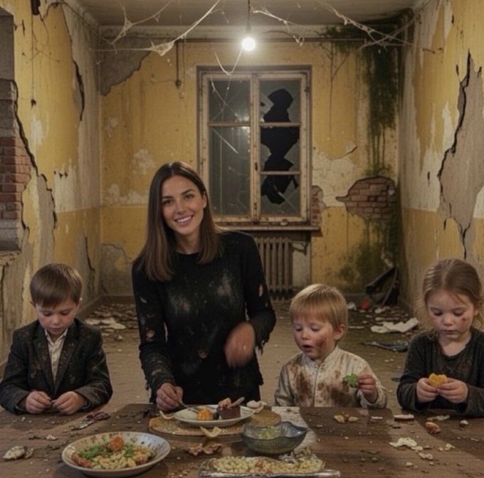 A woman smiles while standing behind a young boy eating at a worn table in a decaying, peeling room as two other children eat nearby.