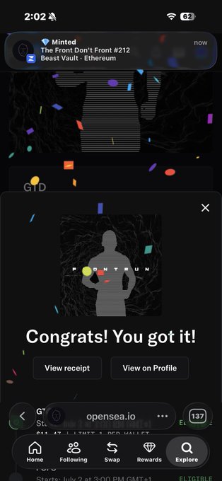 A mobile phone screenshot showing an OpenSea notification 'Congrats! You got it!' for purchasing 'The Front Don't Front #212' from the Beast Vault - Ethereum collection, displayed with confetti graphics.