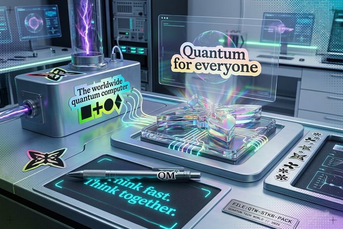 Futuristic promotional artwork featuring a quantum computer device, a glowing crystal, and a stylus, with text reading 'Quantum for everyone,' 'The worldwide quantum computer,' and 'Think fast. Think together.'