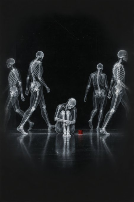 A haunting black and white illustration of transparent skeletal figures walking, with one skeleton crouched alone looking at a small red cup on the ground in a dark void.