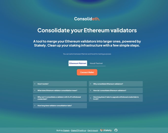 A web interface for 'Consolid.eth' with the headline 'Consolidate your Ethereum validators' offers a tool to merge validators using Stakely, featuring a 'Connect Wallet' button and links for Mainnet/Hoodi Testnet.