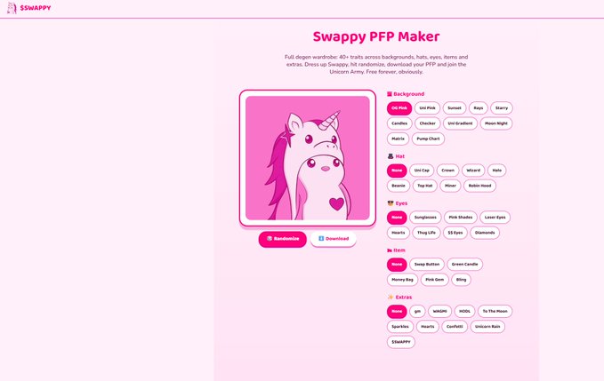 Screenshot of the 'Swappy PFP Maker' interface, a tool for creating profile pictures with over 40+ backgrounds, hats, eyes, and items, showing a pink unicorn illustration with customization options like Background, Hat, Eyes, Item, and Extras.