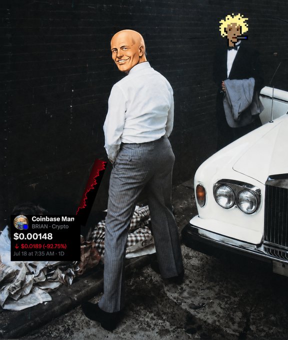 A satirical meme showing a bald man (labeled 'Coinbase Man') urinating on a homeless person on the street next to a Rolls Royce, with a crypto price tag showing BRIAN at $0.00148, down 92.75%, and an image of a Bitcoin-wigged figure in the background.