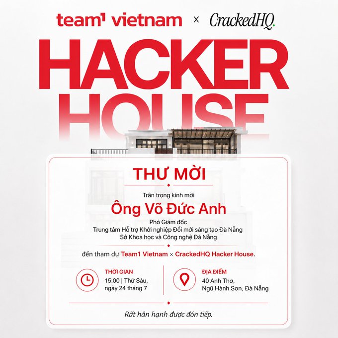 An invitation card for 'HACKER HOUSE' by team1 vietnam x CrackedHQ, inviting Ông Võ Đức Anh, Phó Giám đốc of the Da Nang Creative Startup Support Center, to an event on July 24th at 40 Anh Thơ, Ngũ Hành Sơn, Đà Nẵng.