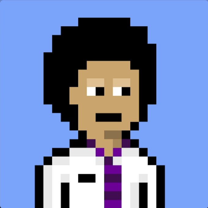A pixel art portrait of a person with a black afro, brown skin, wearing a white lab coat over a purple striped shirt against a blue background.