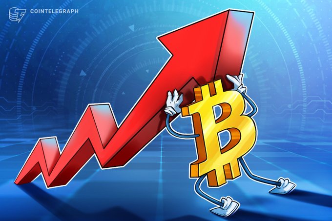 A Cointelegraph cartoon illustration showing an anthropomorphized Bitcoin character with arms and legs running while pushing up a large red upward-pointing arrow, symbolizing rising cryptocurrency prices.