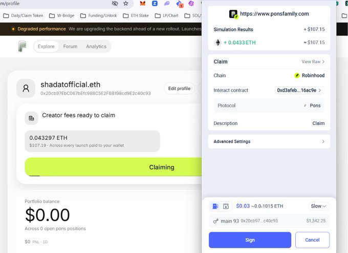 A user named shadatofficial.eth is claiming 0.043297 ETH (~$107.19) in creator fees on ponsfamily.com via a Robinhood chain transaction, with the confirmation popup showing "+$107.15" simulation results for the claim.