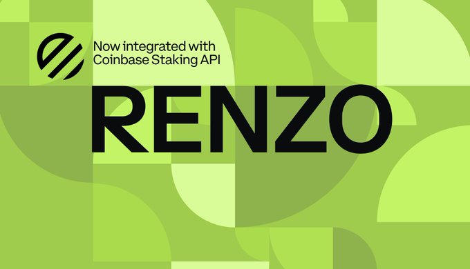 Promotional graphic reading 'Now integrated with Coinbase Staking API' and featuring the name 'RENZO' in large letters on a green geometric background.