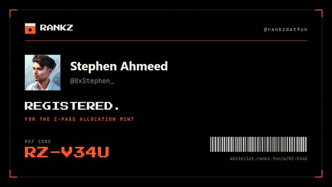A digital registration card from RANKZ (@rankzdotfun) for user 'Stephen Ahmeed' (@0xStephen_) registered for the Z-Pass Allocation Mint with reference code RZ-V34U.