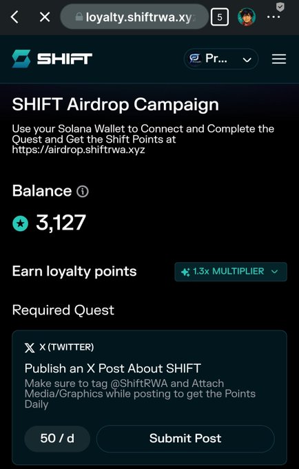 The image shows a phone screen displaying information about a loyalty campaign for a cryptocurrency called Solana. The user has already earned 50 points, which can be used to participate in a contest or receive exclusive rewards. The campaign aims to promote the use of Solana tokens as leverage for trading real assets like stocks and ETFs on the platform. The post is titled "SHIFT Points on ShiftRWA loyalty campaign!" and it encourages users to share their experiences with the campaign by writing a post about it, which can be considered a form of social media promotion.