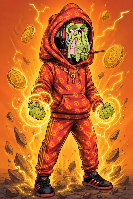 A digital illustration depicts a hooded figure in an orange tracksuit with Bitcoin logos, green hands crackling with lightning energy amidst floating Bitcoin coins.