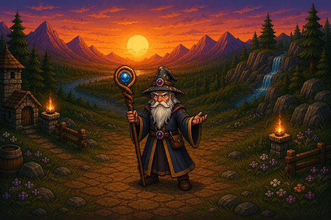 A pixel-art wizard with a white beard, pointed hat, and staff stands on a cobblestone path against a sunset landscape with mountains, a river, and a waterfall.