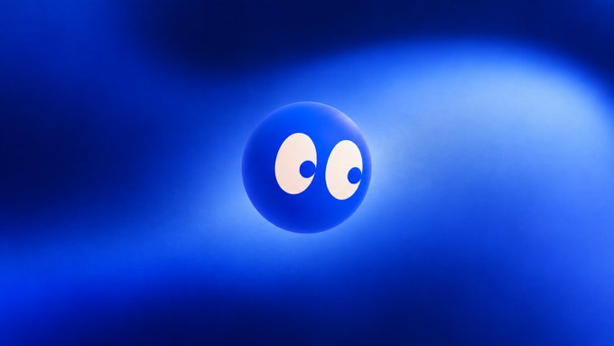 A minimalist blue 3D character with large white googly eyes floats against a gradient blue background.