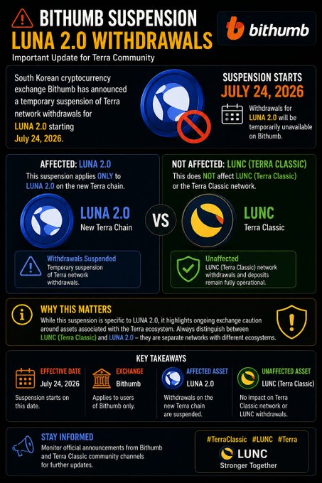 An infographic from Bithumb announcing a 'LUNA 2.0 WITHDRAWALS' suspension starting July 24, 2026, clarifying that LUNA 2.0 on the new Terra Chain is affected while LUNC (Terra Classic) remains unaffected.