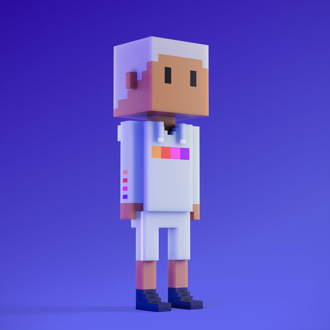A 3D pixelated/blocky Minecraft-style character with a white cap, white shirt featuring a colorful stripe, and dark shoes standing against a purple background.