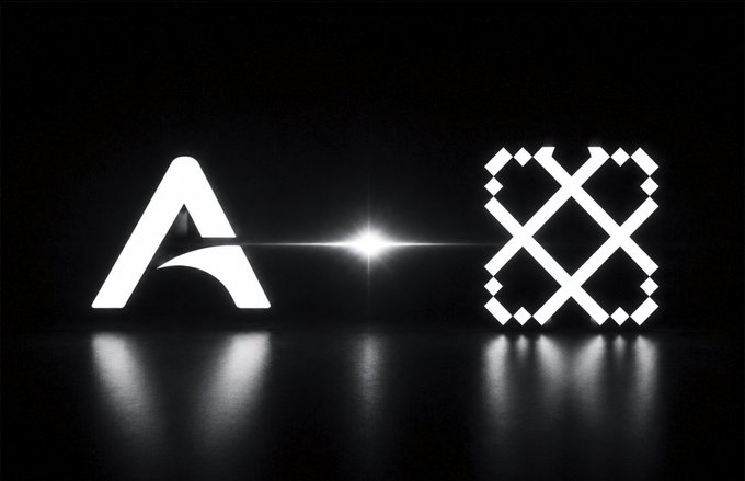 A glowing white "A" logo on the left and a woven X-shaped emblem on the right face each other across a bright lens flare on a dark reflective surface, visually symbolizing the partnership between Axon and the AgenC (AgenC) SDK highlighted in the caption.