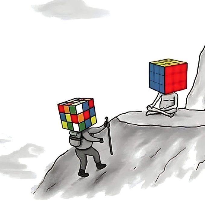 An illustration showing two figures with Rubik's cube heads—one climbing a rocky cliff with a walking stick, the other sitting and meditating on the ledge.