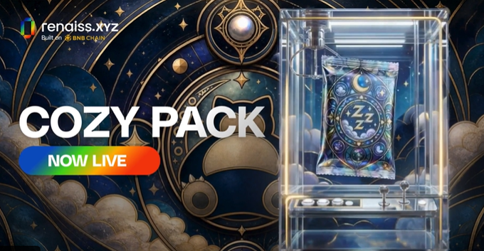 The image is a promotional graphic from "renaiss.xyz" announcing their "COZY PACK" which is "NOW LIVE," featuring a celestial-themed sleeping cat illustration displayed in a glass case against a starry, mystical background. The cozy, whimsical collectible design ties into the post's message about RWA (Real World Assets), highlighting how collectibles—rather than just financial assets—can be a meaningful direction for bringing tokenization closer to everyday users.