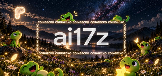 A fantasy landscape image featuring gecko mascots around a lake at night with a starry sky, displaying 'ai16z' and multiple 'COINGECKO' texts, indicating the ai16z token listing on CoinGecko.
