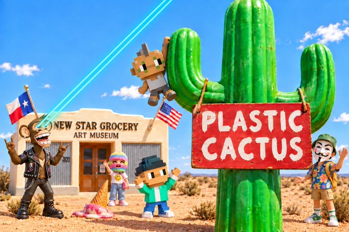 A vibrant 3D-rendered desert scene featuring characters including one shooting a laser beam from his eye, a 'NEW STAR GROCERY ART MUSEUM' building, and a green cactus holding a red 'PLASTIC CACTUS' sign.