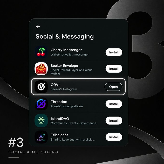 A screenshot of a 'Social & Messaging' app store menu highlighting the 'ORVI - Seeker's Instagram' app with an 'Open' button, surrounded by other apps like Cherry Messenger, Seeker Envelope, Threadox, IslandDAO, and Tribalchat.
