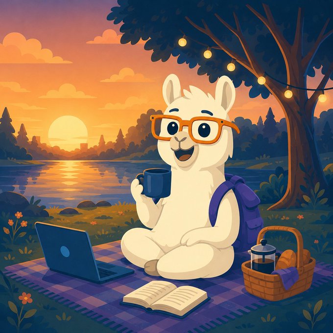 A cartoon illustration of a cheerful llama wearing orange glasses, sitting on a picnic blanket by a lake at sunset with a laptop, coffee mug, and picnic basket nearby.