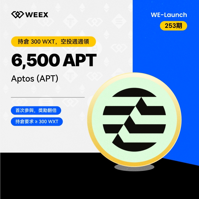 WEEEY 'WE-Launch 253期' promotional image advertising an airdrop of 6,500 APT (Aptos) tokens for users holding 300 WXT.