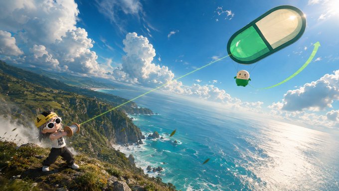 A whimsical digital artwork depicting a small chibi-style character on a cliffside aiming a rocket launcher that shoots a giant green-and-white capsule pill into the sky.
