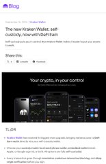A blog post from Kraken announces new features in their Kraken Wallet, including integrated DeFi vaults for earning yield directly within the self-custody wallet, built-in cross-chain swaps with seven providers, and a 15-year security commitment promise. The accompanying caption highlights how these updates make yield generation accessible without external connections while noting the need to verify their security claims in practice.