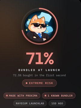 A Raydium LaunchLab card displaying '71% BUNDLED AT LAUNCH' with a Shiba Inu dog wearing sunglasses in a suit, marked as 'EXTREME RISK'.