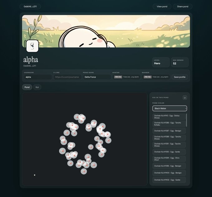 A profile page for a user named "alpha" (level Hero) on a platform called Koi, featuring a cute cartoon avatar and a visual arrangement of 52 Onchain Koi NFTs in the Black Water pond.